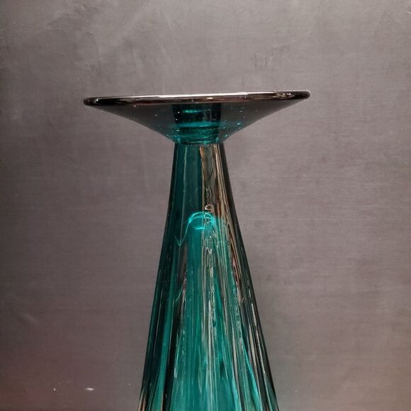Mid Century Blenko Art Glass Blue Green Hand Blown Trumpet Vase - Picture 5 of 10